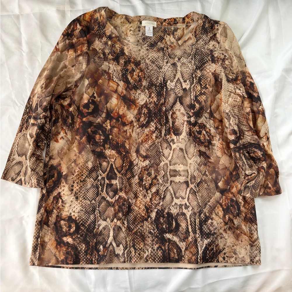 Chicos Size 3 (XL) Brown Snakeskin Animal Print 3/4 Sleeve Pullover Womens Top